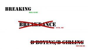 Illustration with Breakdance and B-Boying/B-Girking crossed out