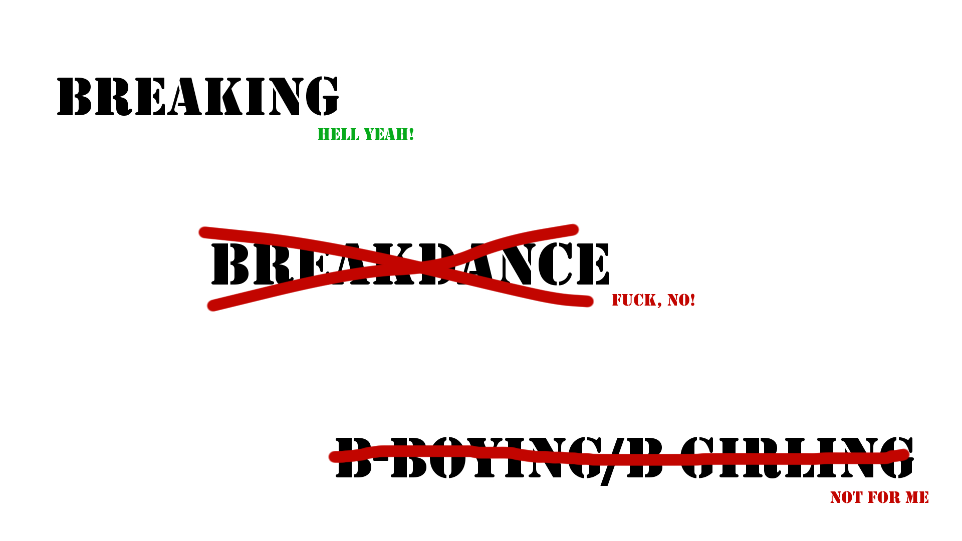 Illustration with Breakdance and B-Boying/B-Girking crossed out