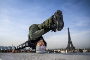 B-Boy Sunni from the UK poses for a portrait on a rooftop of Paris, France on February 9, 2023.