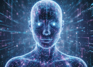 An AI avatar built from lights and code. Created by Nano Banana