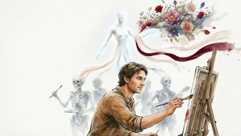 An artist paints on canvas in front of the ghost of the artists of the past, whose work has been stolen by AI.
